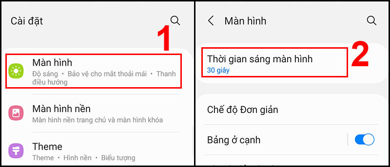 Chọn Thời gian sáng màn hình trong mục Màn hình